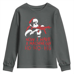 Now I Have A Machine Gun Youth Sweatshirt Funny Retro Christmas 90s Movie Santa Gun Lovers TS10 Dark Heather Print Your Wear