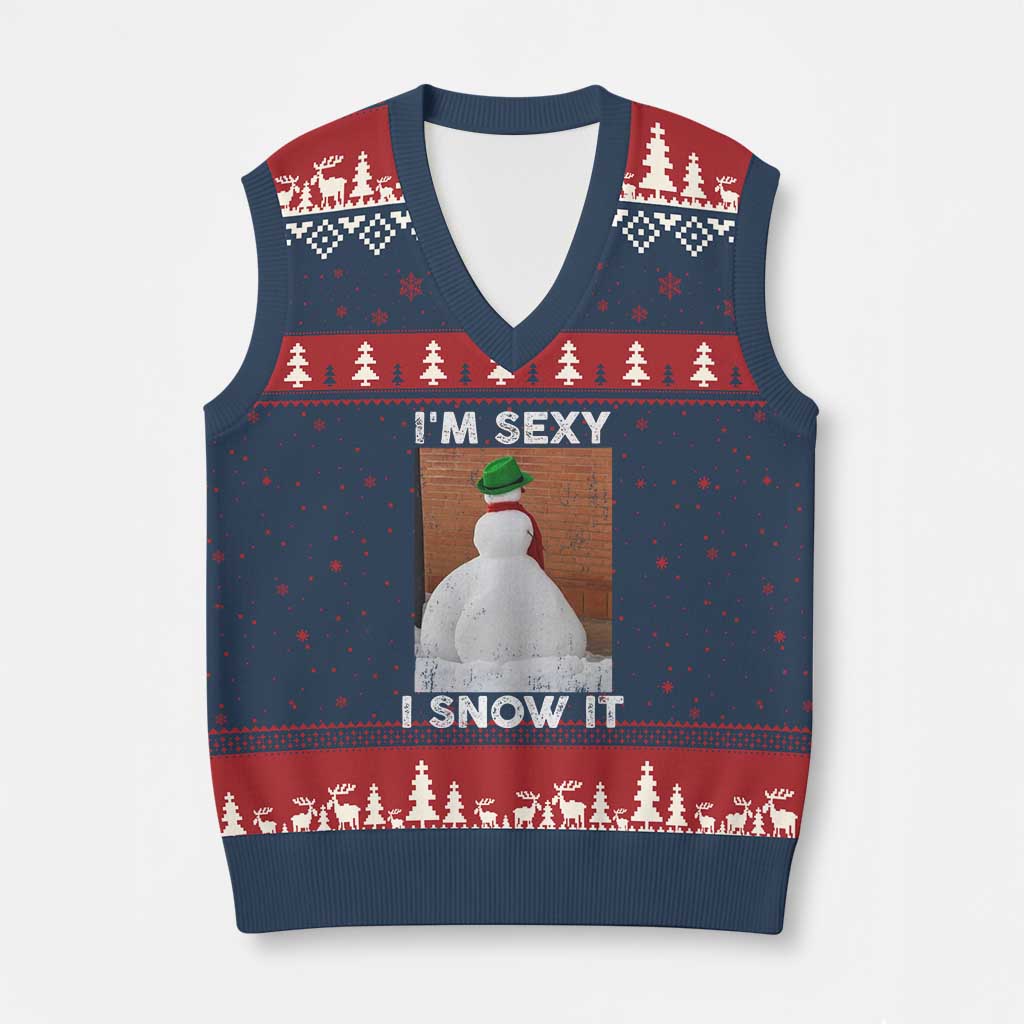 Sarcastic Snowman V-Neck Knit Sweater Vest Funny Xmas I'm Sexy and I Snow It TS10 Navy Red Print Your Wear