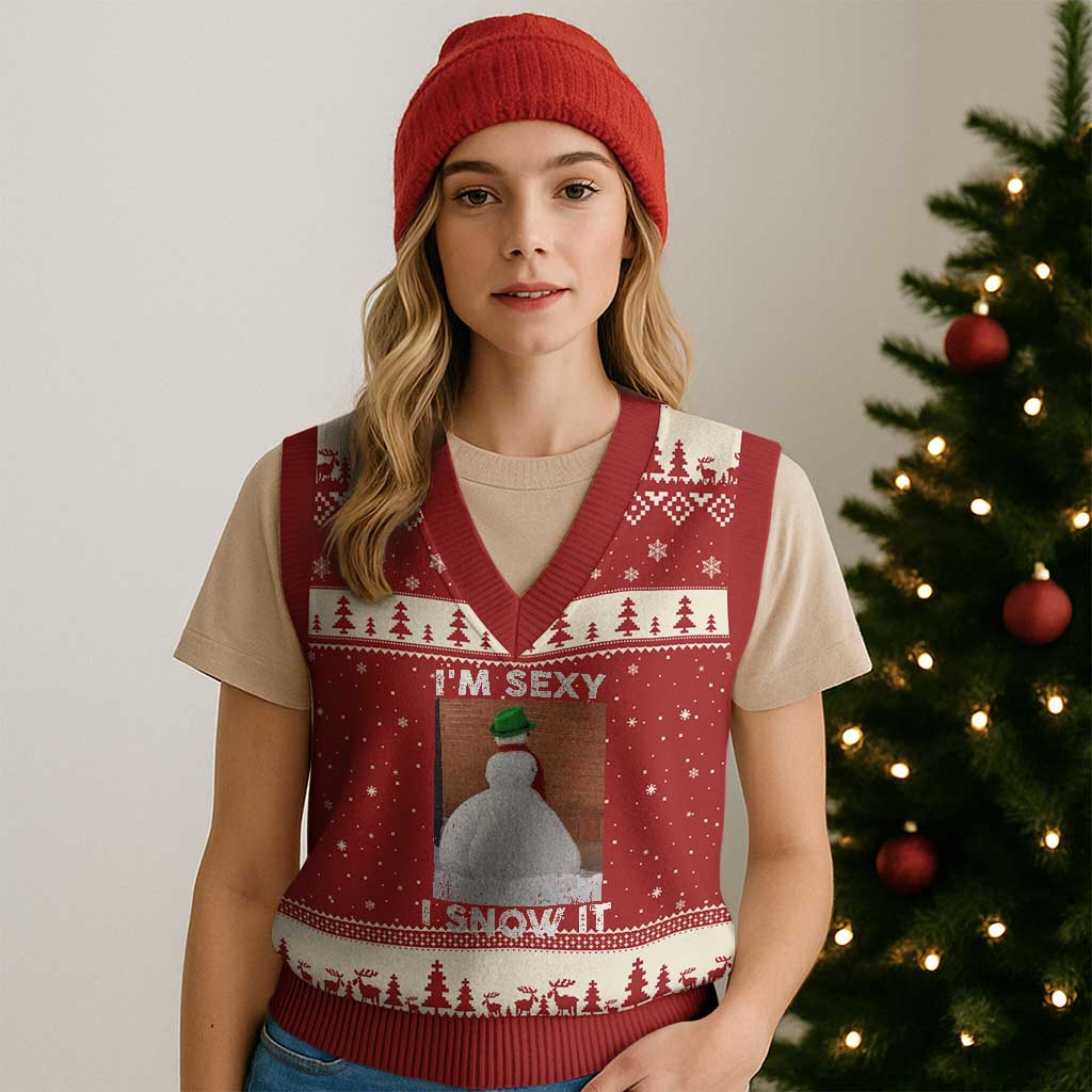 Sarcastic Snowman V-Neck Knit Sweater Vest Funny Xmas I'm Sexy and I Snow It TS10 Red Beige Print Your Wear