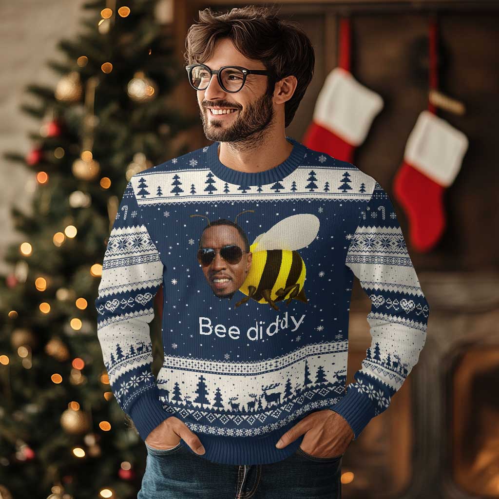 Bee Diddy Ugly Christmas Sweater Funny Weirdcore Dark Humor Internet Memes Gen-Z TS10 Navy Beige Print Your Wear