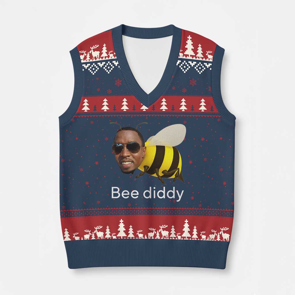 Bee Diddy V-Neck Knit Sweater Vest Funny Weirdcore Dark Humor Internet Memes Gen-Z TS10 Navy Red Print Your Wear