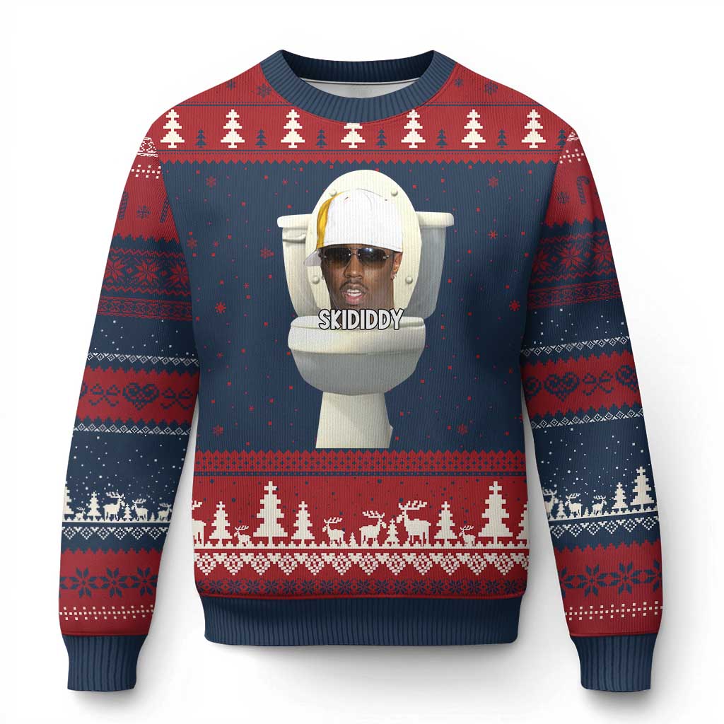Funny Diddy Ugly Christmas Sweater Diddy Skibidi Toilet Meme TS10 Navy Red Print Your Wear