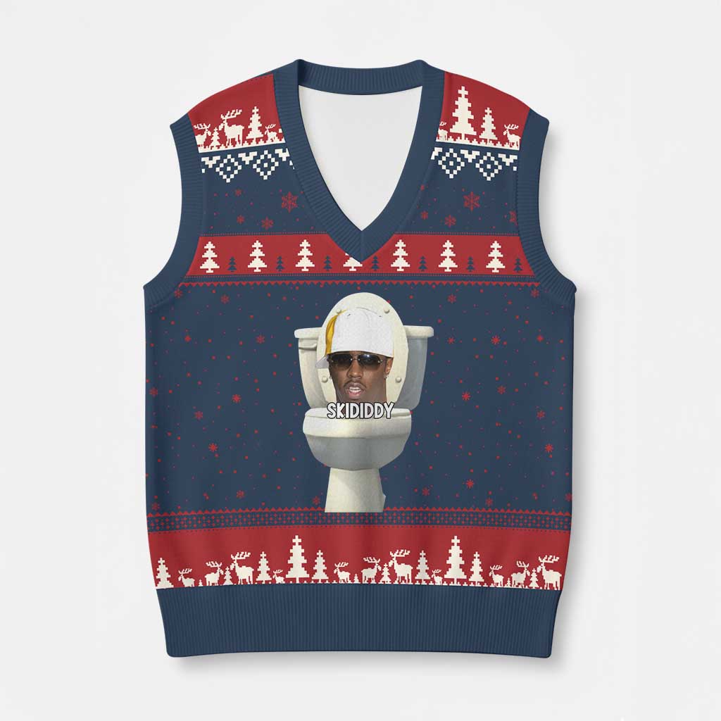 Funny Diddy V-Neck Knit Sweater Vest Diddy Skibidi Toilet Meme TS10 Navy Red Print Your Wear
