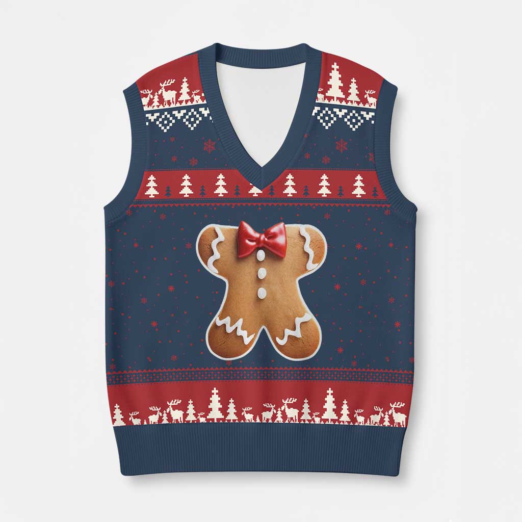 Gingerbread Man V-Neck Knit Sweater Vest Xmas Cookie Costume TS10 Navy Red Print Your Wear