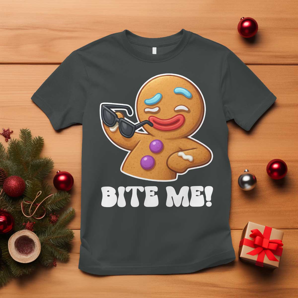 Funny Xmas Gingerbread Man T Shirt Funny Sexy Cookie Bite Me TS10 Dark Heather Print Your Wear