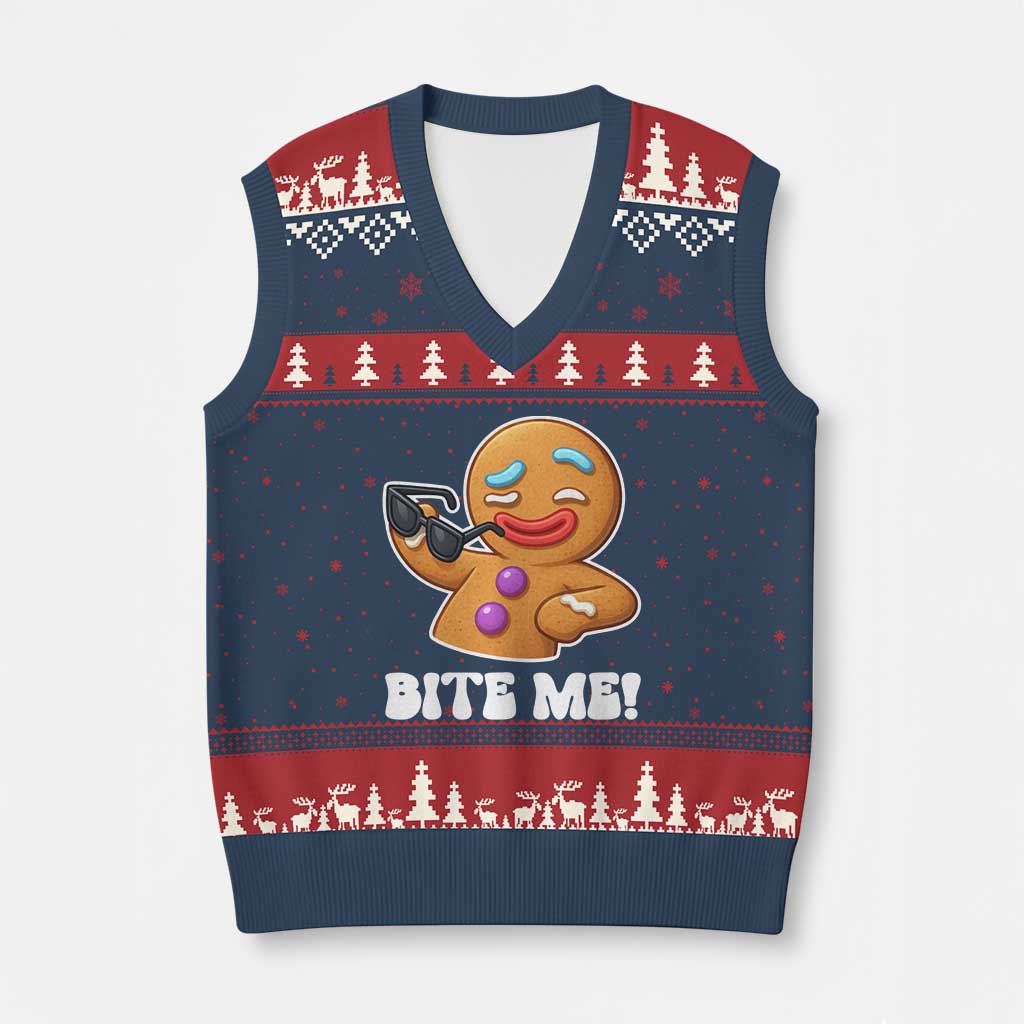 Funny Xmas Gingerbread Man V-Neck Knit Sweater Vest Funny Sexy Cookie Bite Me TS10 Navy Red Print Your Wear