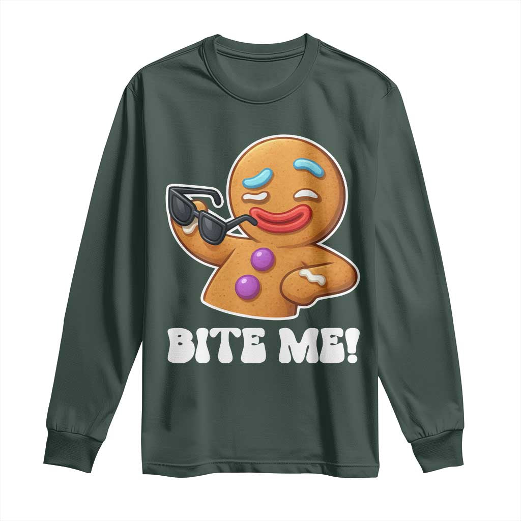 Funny Xmas Gingerbread Man Long Sleeve Shirt Funny Sexy Cookie Bite Me TS10 Dark Forest Green Print Your Wear