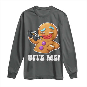 Funny Xmas Gingerbread Man Long Sleeve Shirt Funny Sexy Cookie Bite Me TS10 Dark Heather Print Your Wear