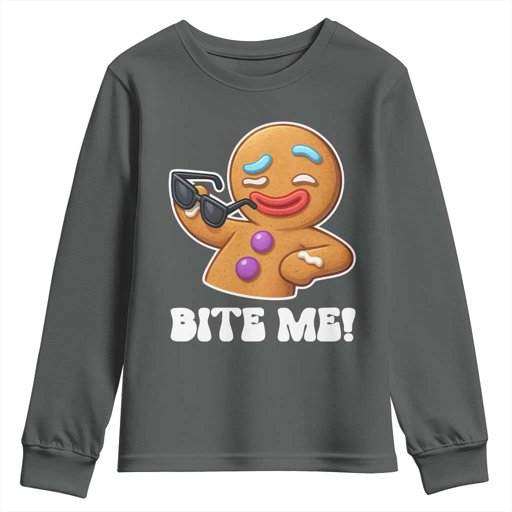 Funny Xmas Gingerbread Man Youth Sweatshirt Funny Sexy Cookie Bite Me TS10 Dark Heather Print Your Wear