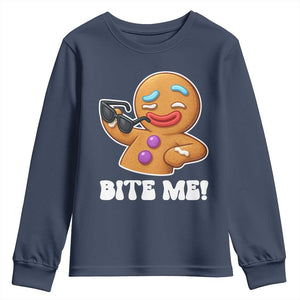 Funny Xmas Gingerbread Man Youth Sweatshirt Funny Sexy Cookie Bite Me TS10 Navy Print Your Wear