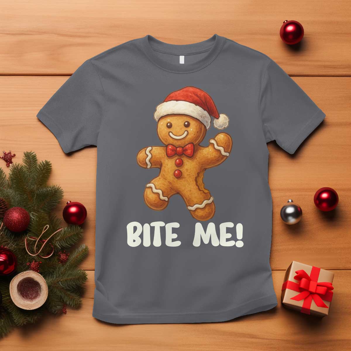 Funny Xmas Gingerbread Man T Shirt Cookie Bite Me TS10 Charcoal Print Your Wear