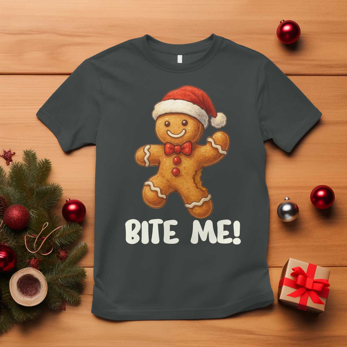 Funny Xmas Gingerbread Man T Shirt Cookie Bite Me TS10 Dark Heather Print Your Wear
