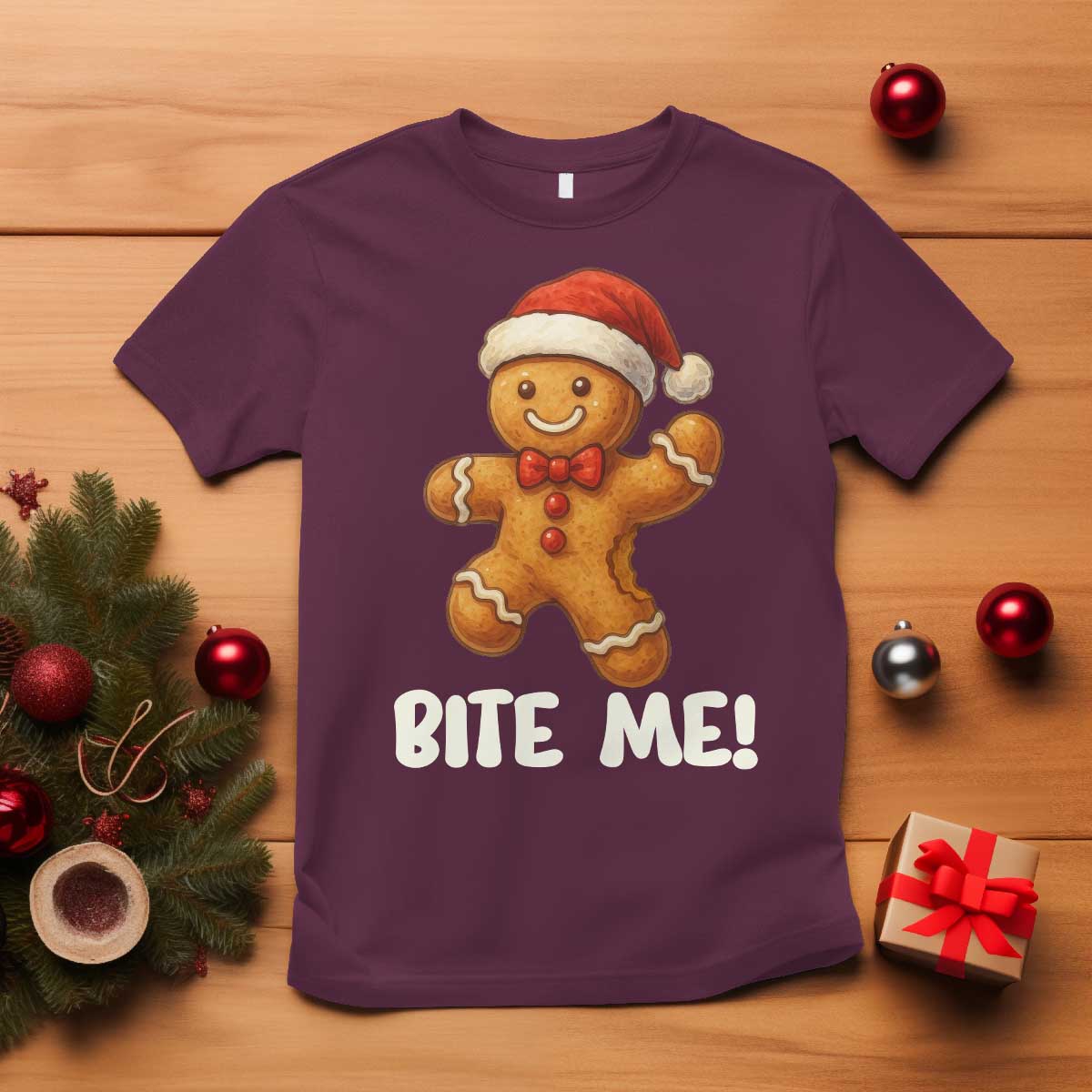 Funny Xmas Gingerbread Man T Shirt Cookie Bite Me TS10 Maroon Print Your Wear