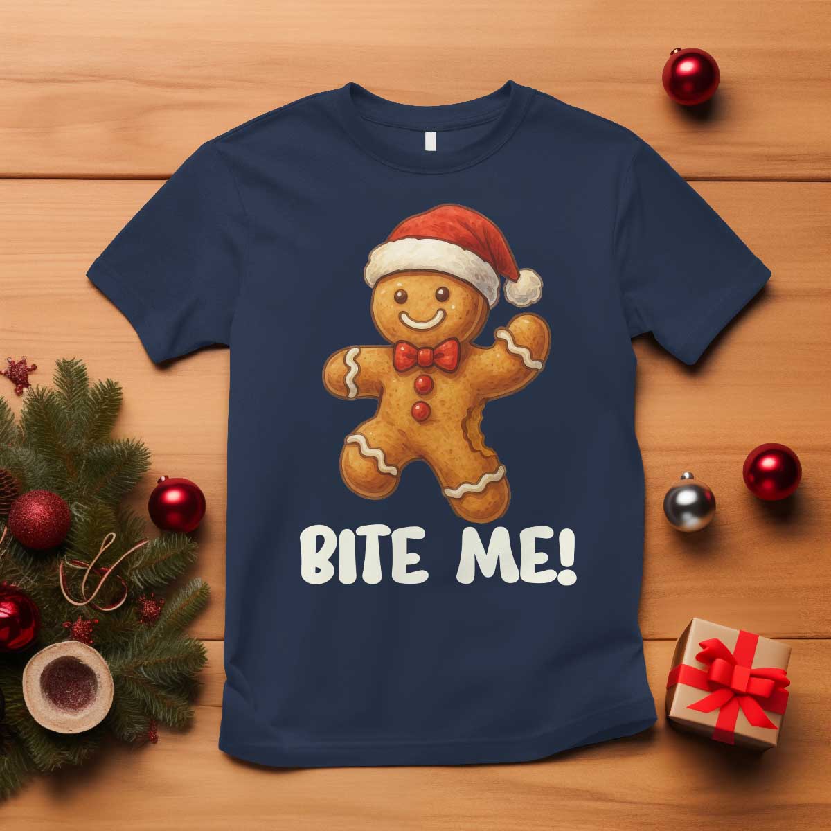 Funny Xmas Gingerbread Man T Shirt Cookie Bite Me TS10 Navy Print Your Wear