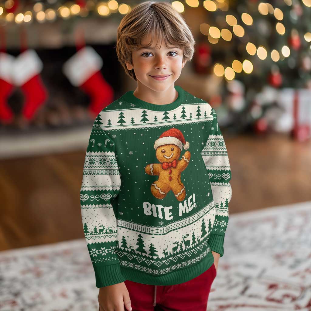 Funny Xmas Gingerbread Man Ugly Christmas Sweater Cookie Bite Me TS10 Forest Green Beige Print Your Wear