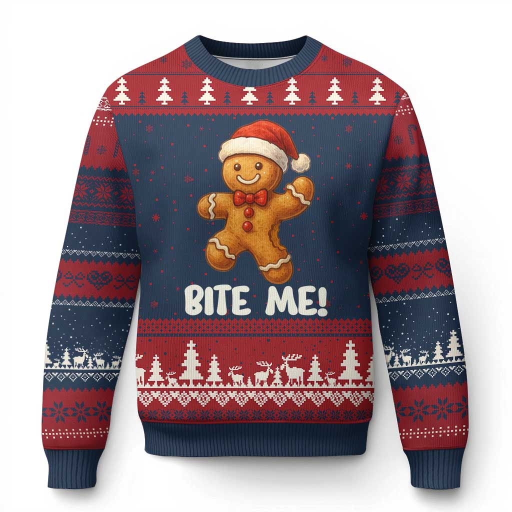 Funny Xmas Gingerbread Man Ugly Christmas Sweater Cookie Bite Me TS10 Navy Red Print Your Wear