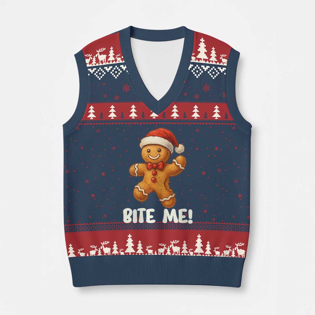 Funny Xmas Gingerbread Man V-Neck Knit Sweater Vest Cookie Bite Me TS10 Navy Red Print Your Wear