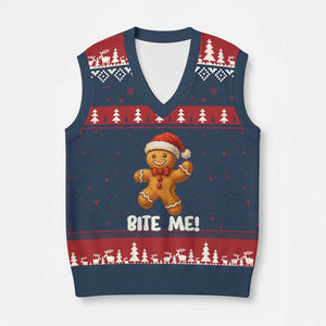 Funny Xmas Gingerbread Man V-Neck Knit Sweater Vest Cookie Bite Me TS10 Navy Red Print Your Wear