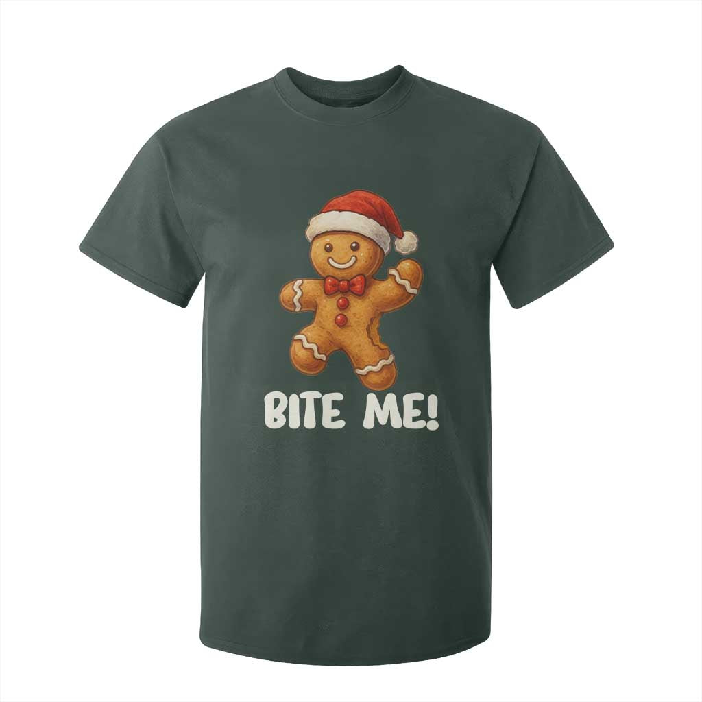 Funny Xmas Gingerbread Man T Shirt For Kid Cookie Bite Me TS10 Dark Forest Green Print Your Wear