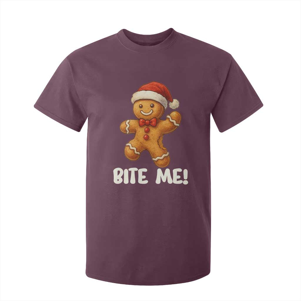 Funny Xmas Gingerbread Man T Shirt For Kid Cookie Bite Me TS10 Maroon Print Your Wear