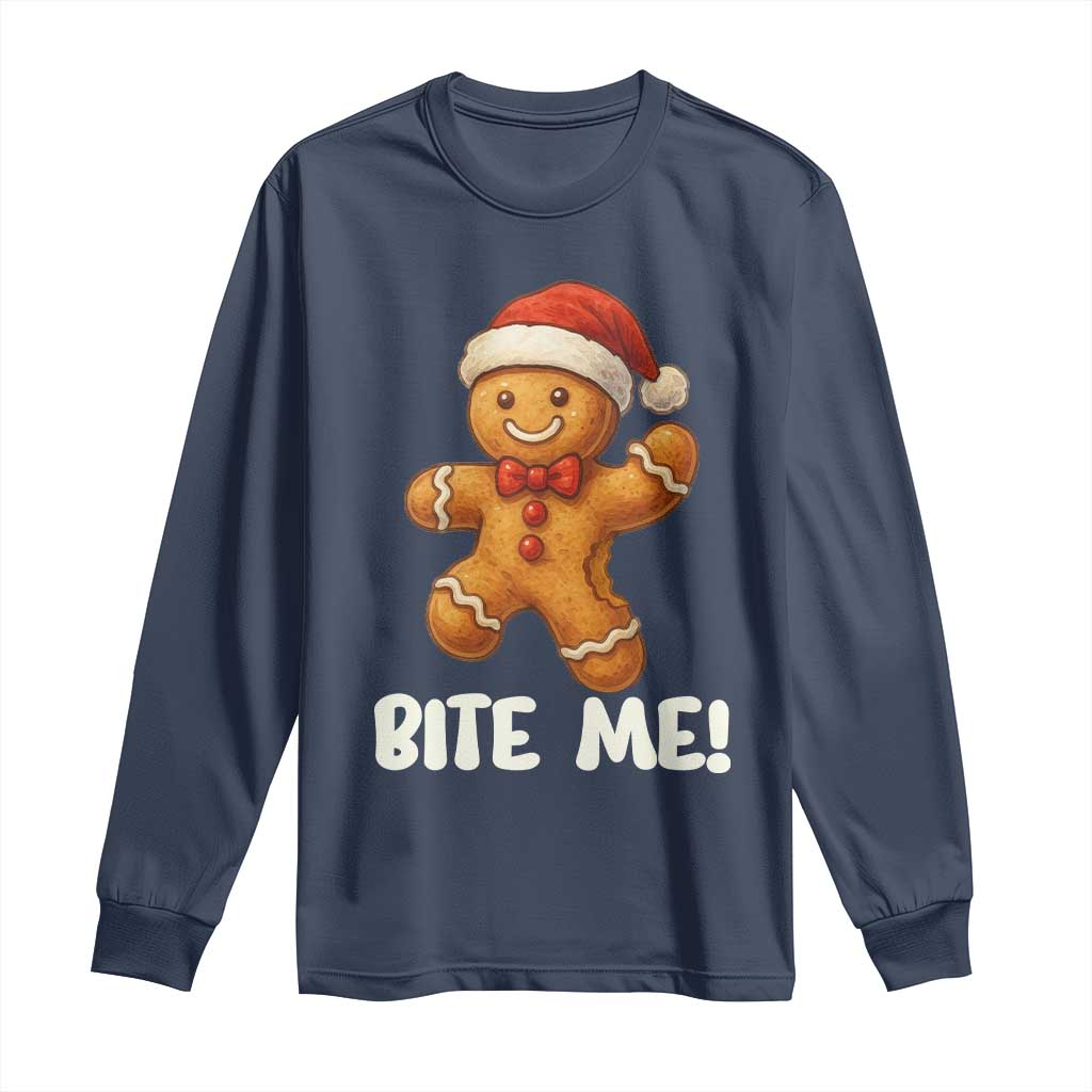 Funny Xmas Gingerbread Man Long Sleeve Shirt Cookie Bite Me TS10 Navy Print Your Wear