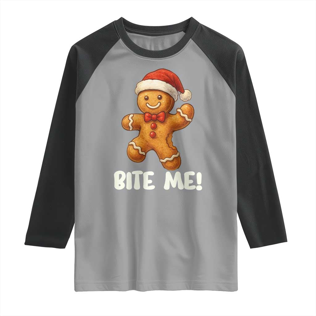 Funny Xmas Gingerbread Man Raglan Shirt Cookie Bite Me TS10 Sport Gray Black Print Your Wear