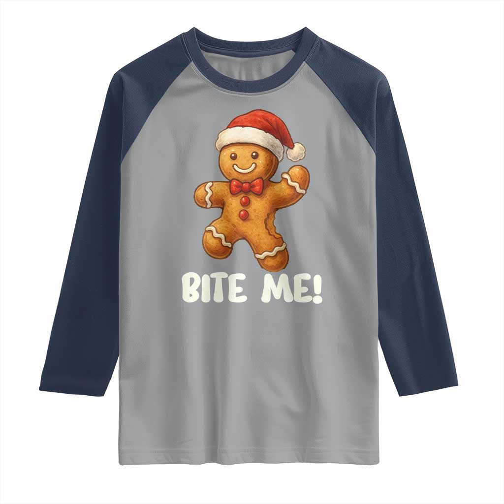 Funny Xmas Gingerbread Man Raglan Shirt Cookie Bite Me TS10 Sport Gray Navy Print Your Wear