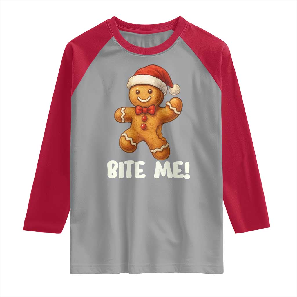 Funny Xmas Gingerbread Man Raglan Shirt Cookie Bite Me TS10 Sport Gray Red Print Your Wear