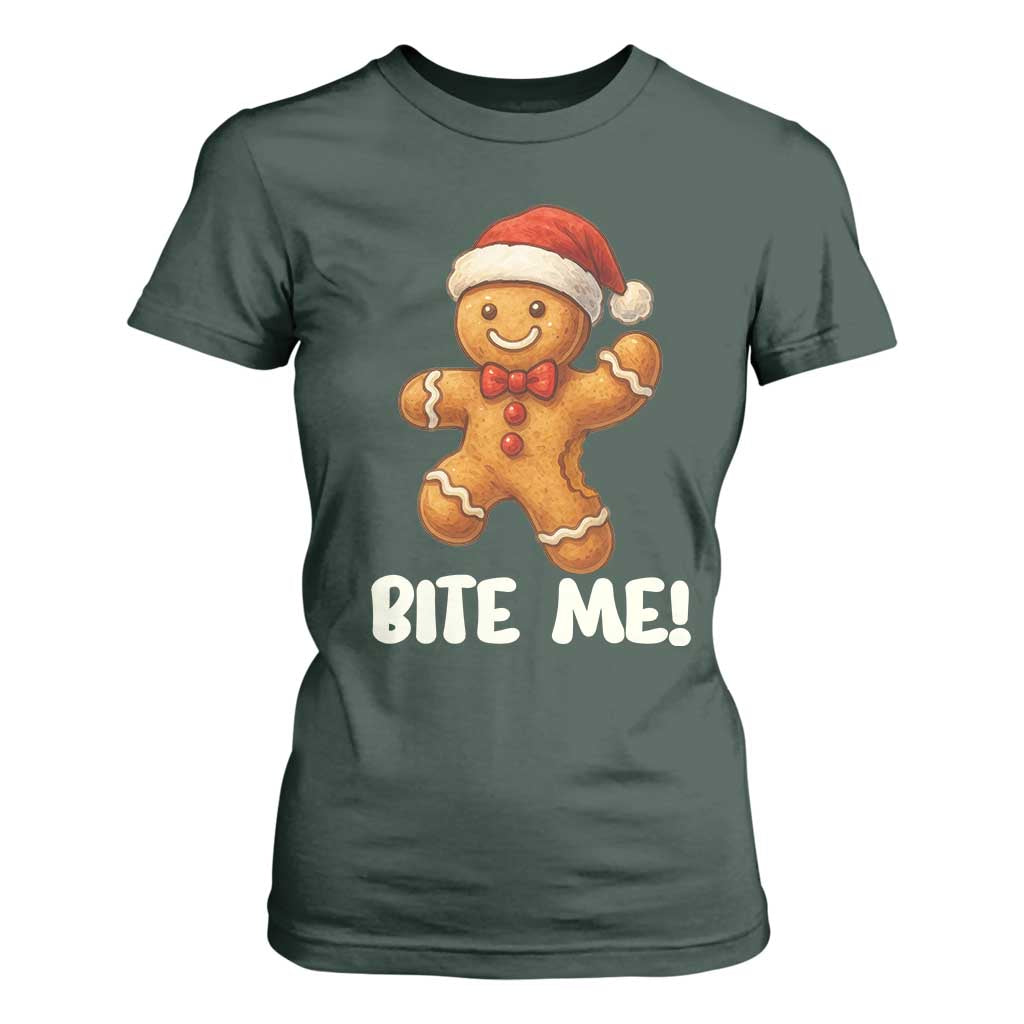 Funny Xmas Gingerbread Man T Shirt For Women Cookie Bite Me TS10 Dark Forest Green Print Your Wear