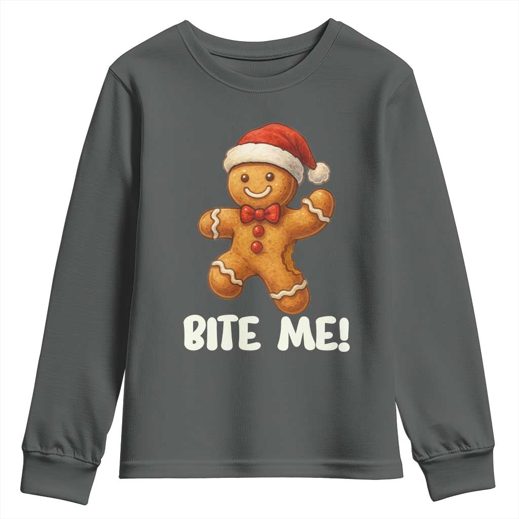 Funny Xmas Gingerbread Man Youth Sweatshirt Cookie Bite Me TS10 Dark Heather Print Your Wear