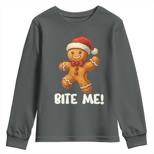 Funny Xmas Gingerbread Man Youth Sweatshirt Cookie Bite Me TS10 Dark Heather Print Your Wear