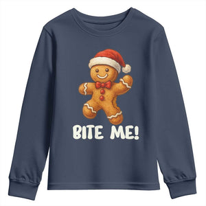 Funny Xmas Gingerbread Man Youth Sweatshirt Cookie Bite Me TS10 Navy Print Your Wear