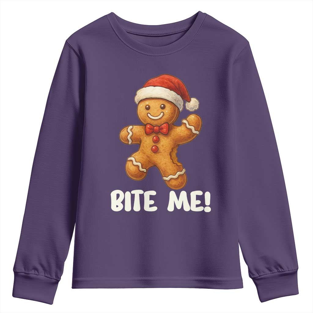 Funny Xmas Gingerbread Man Youth Sweatshirt Cookie Bite Me TS10 Purple Print Your Wear