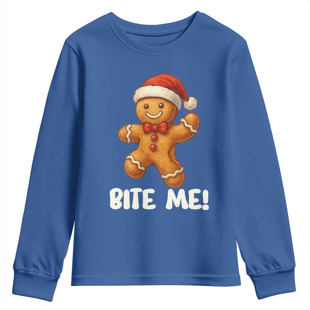Funny Xmas Gingerbread Man Youth Sweatshirt Cookie Bite Me TS10 Royal Blue Print Your Wear