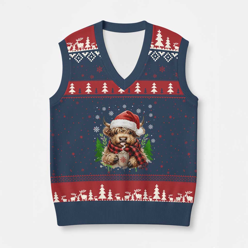 Xmas Cow V-Neck Knit Sweater Vest Funny Highland Cow Western Farmer Gift TS10 Navy Red Print Your Wear
