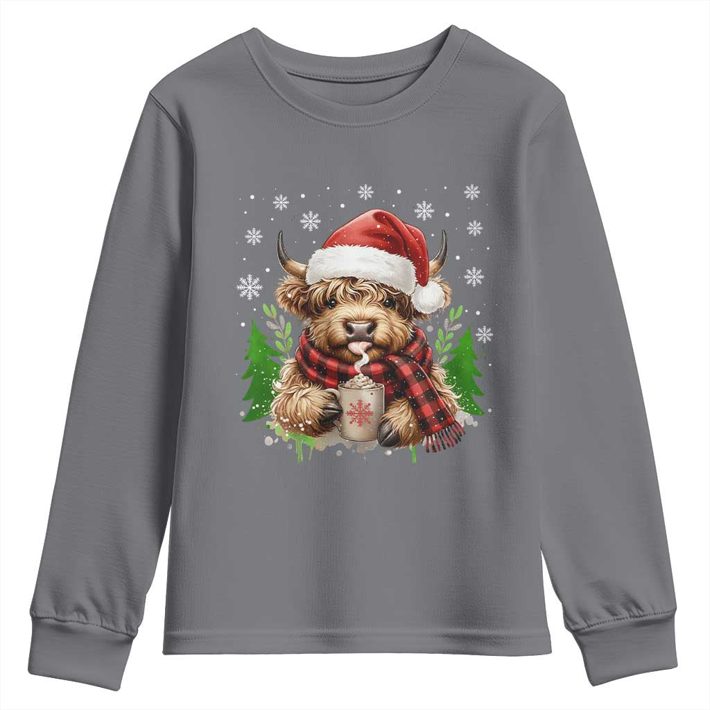 Christmas Cow Youth Sweatshirt Funny Highland Cow Western Farmer Gift TS10 Charcoal Print Your Wear