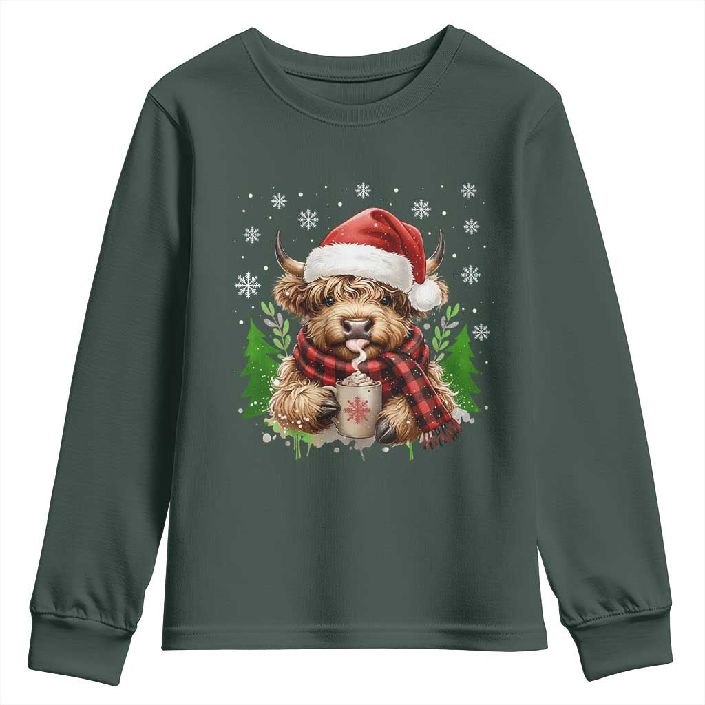 Christmas Cow Youth Sweatshirt Funny Highland Cow Western Farmer Gift TS10 Dark Forest Green Print Your Wear