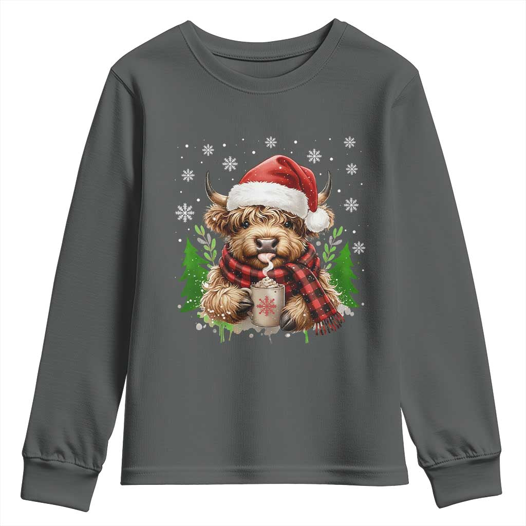 Christmas Cow Youth Sweatshirt Funny Highland Cow Western Farmer Gift TS10 Dark Heather Print Your Wear