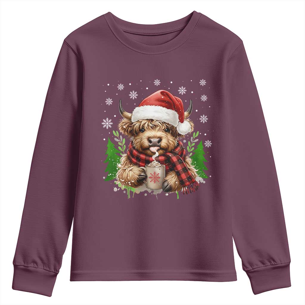 Christmas Cow Youth Sweatshirt Funny Highland Cow Western Farmer Gift TS10 Maroon Print Your Wear