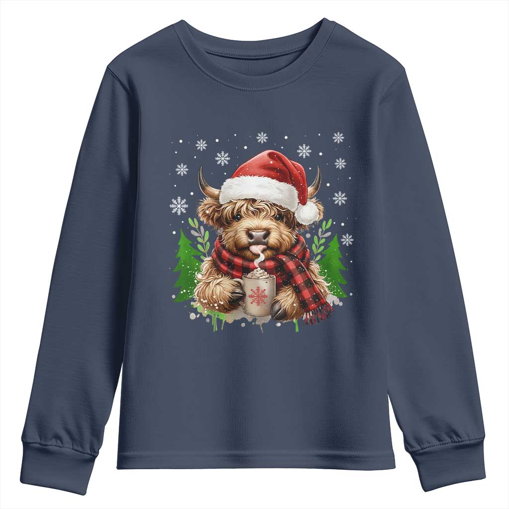 Christmas Cow Youth Sweatshirt Funny Highland Cow Western Farmer Gift TS10 Navy Print Your Wear