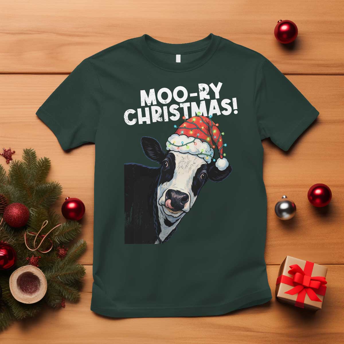 Christmas Cow T Shirt Funny Moo Ry Christmas Farmer Gift TS10 Dark Forest Green Print Your Wear