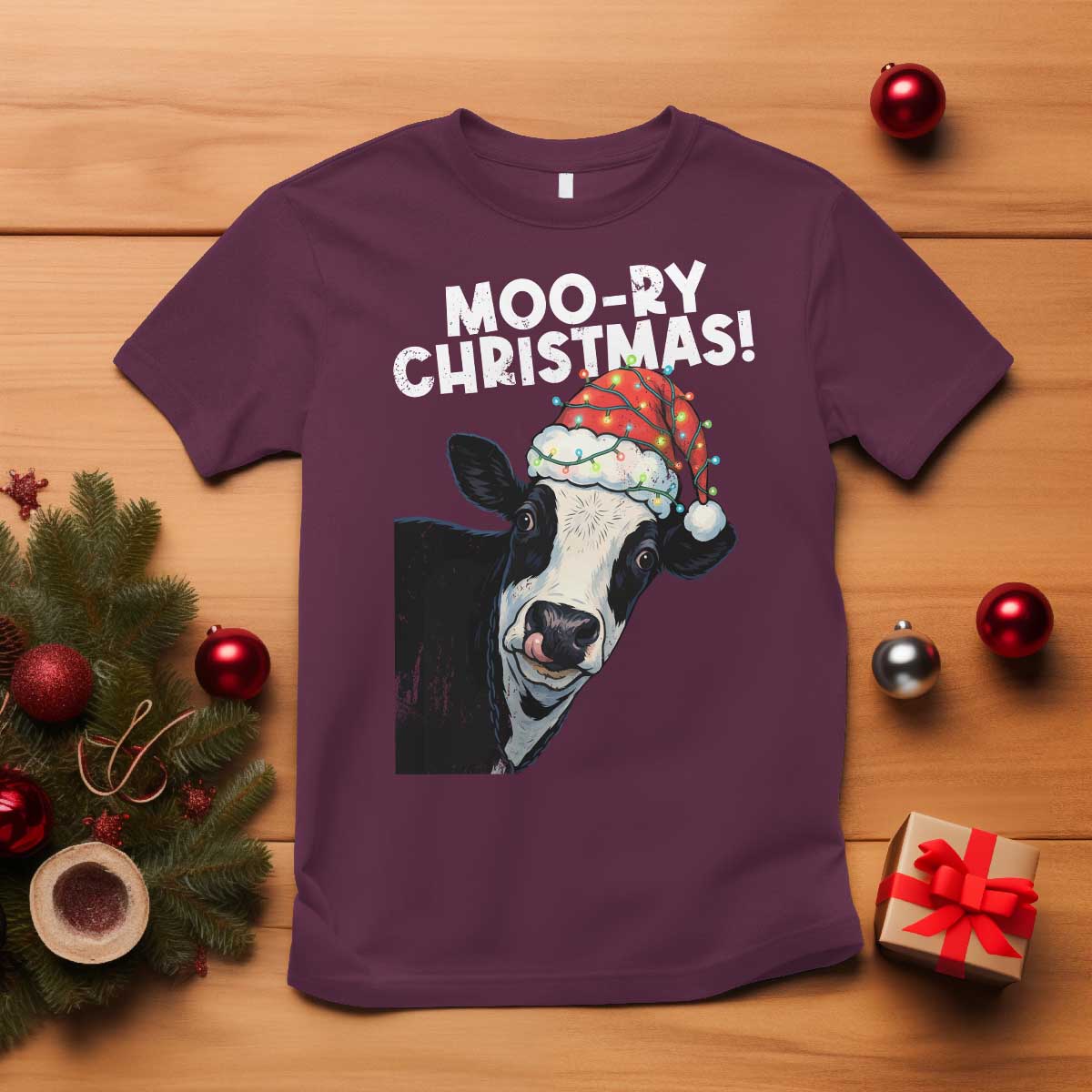 Christmas Cow T Shirt Funny Moo Ry Christmas Farmer Gift TS10 Maroon Print Your Wear