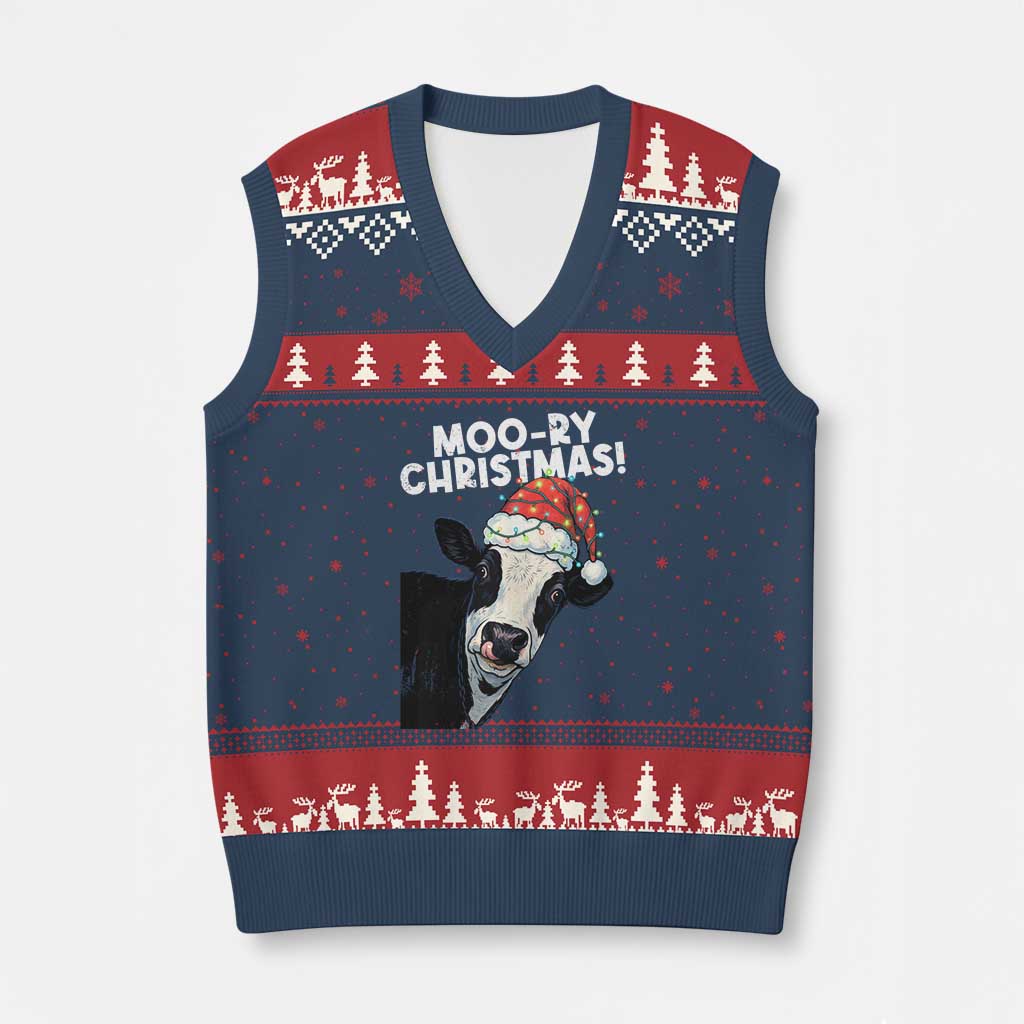 Christmas Cow V-Neck Knit Sweater Vest Funny Moo Ry Xmas Farmer Gift TS10 Navy Red Print Your Wear