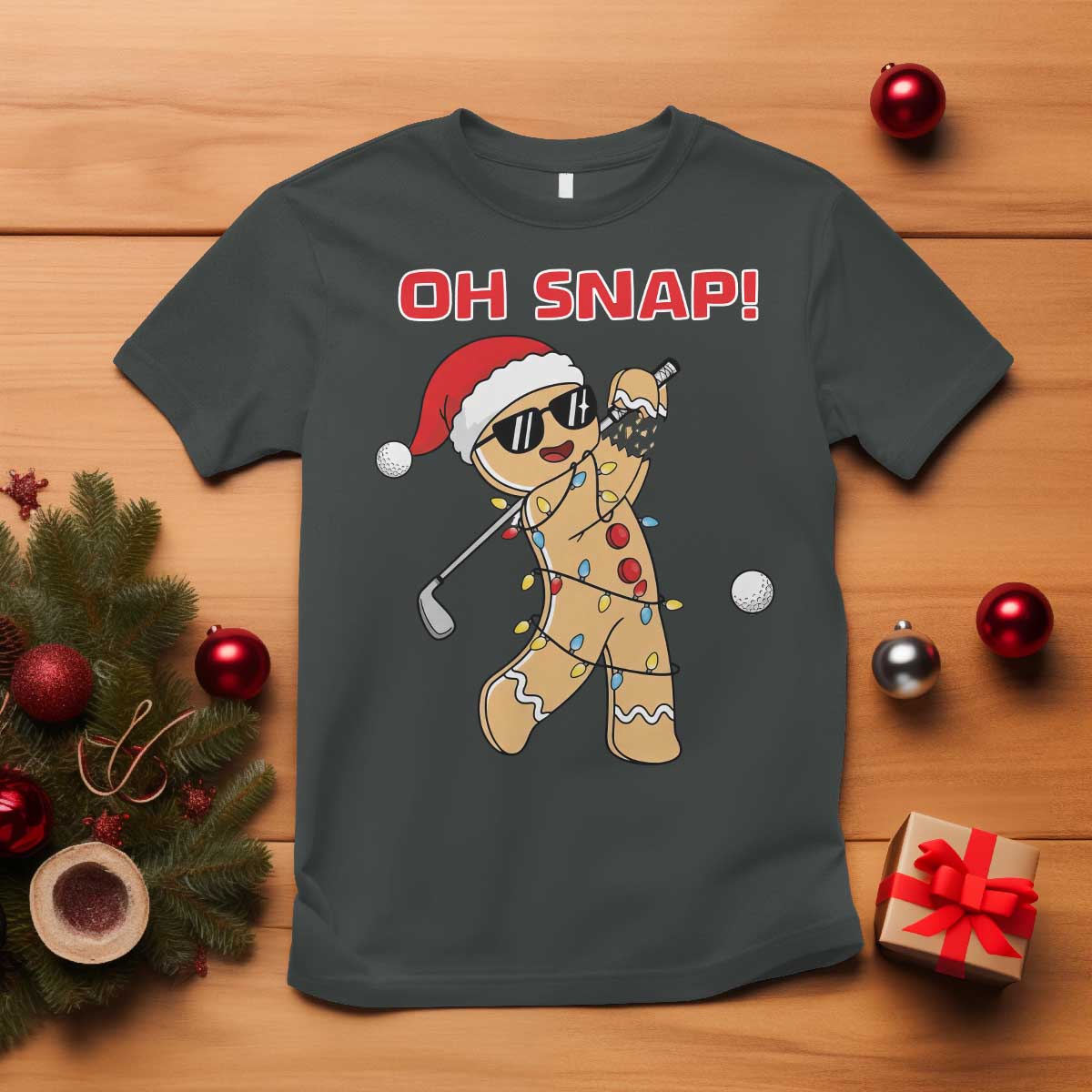 Oh Snap Gingerbreadman Golfer T Shirt Funny Golf Christmas Golfing Pajamas TS10 Dark Heather Print Your Wear