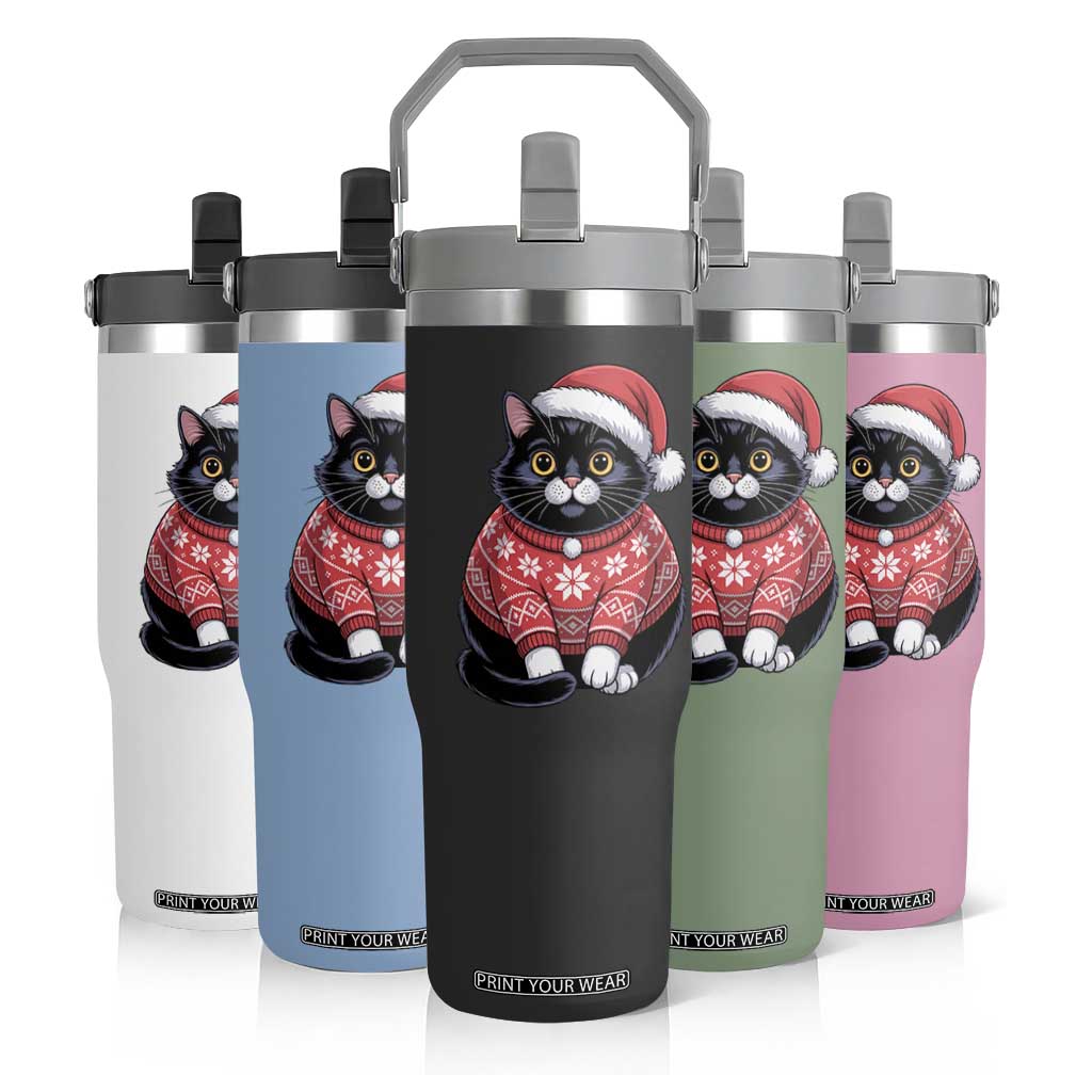 Christmas Black Cat Flip Straw Tumbler Catmas Gift For New Year TS10 Print Your Wear