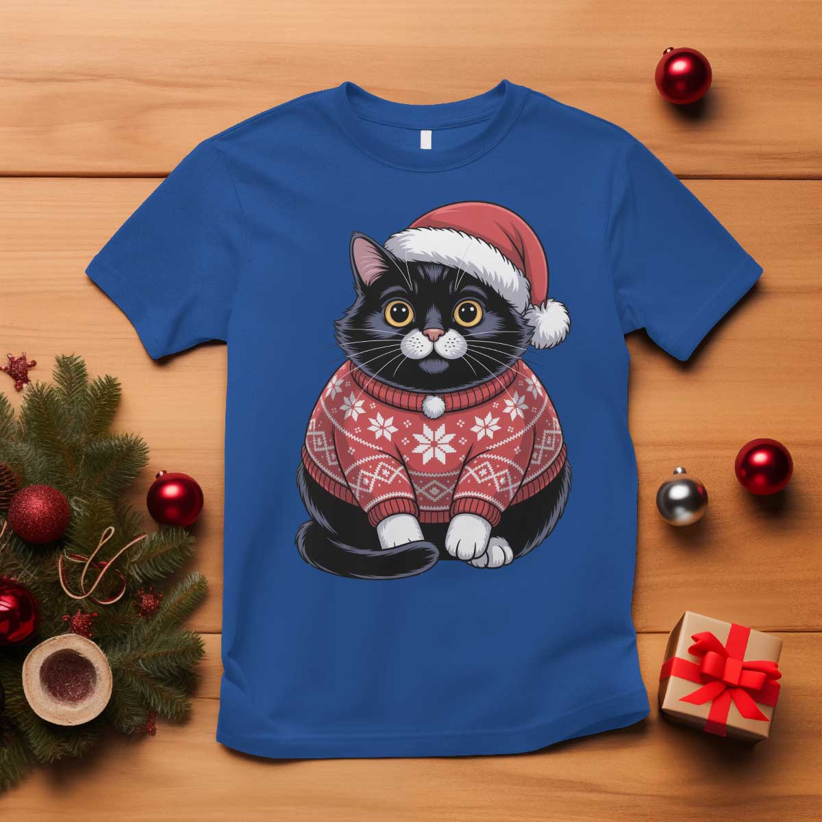 Christmas Black Cat T Shirt Catmas Gift For New Year TS10 Royal Blue Print Your Wear