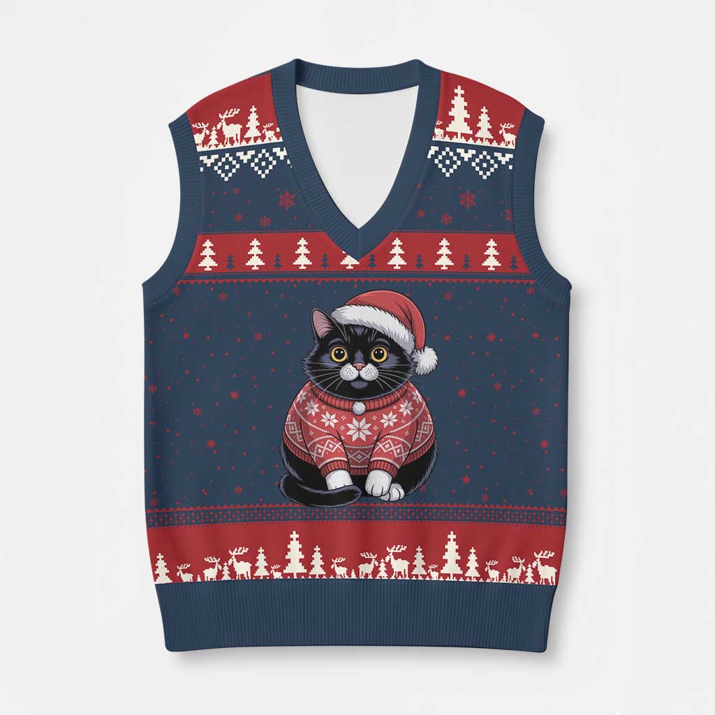 Xmas Black Cat V-Neck Knit Sweater Vest Catmas Gift For New Year TS10 Navy Red Print Your Wear