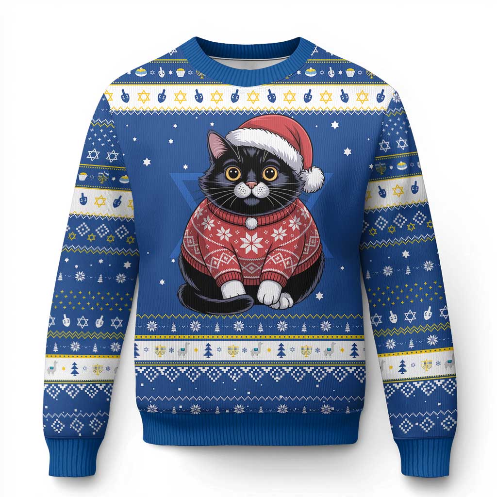 Christmas Black Cat Hanukkah Ugly Sweater Catmas Gift For New Year TS10 Blue White Print Your Wear