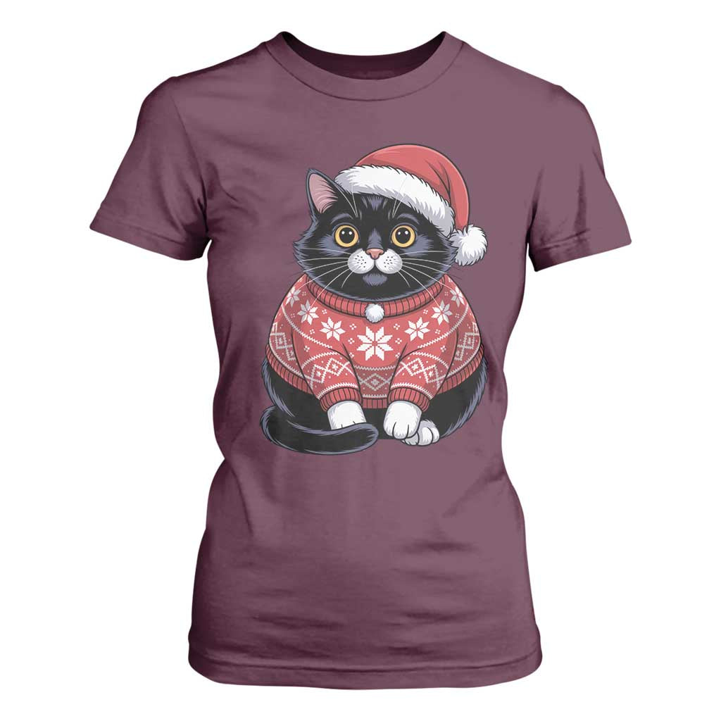 Christmas Black Cat T Shirt For Women Catmas Gift For New Year TS10 Maroon Print Your Wear