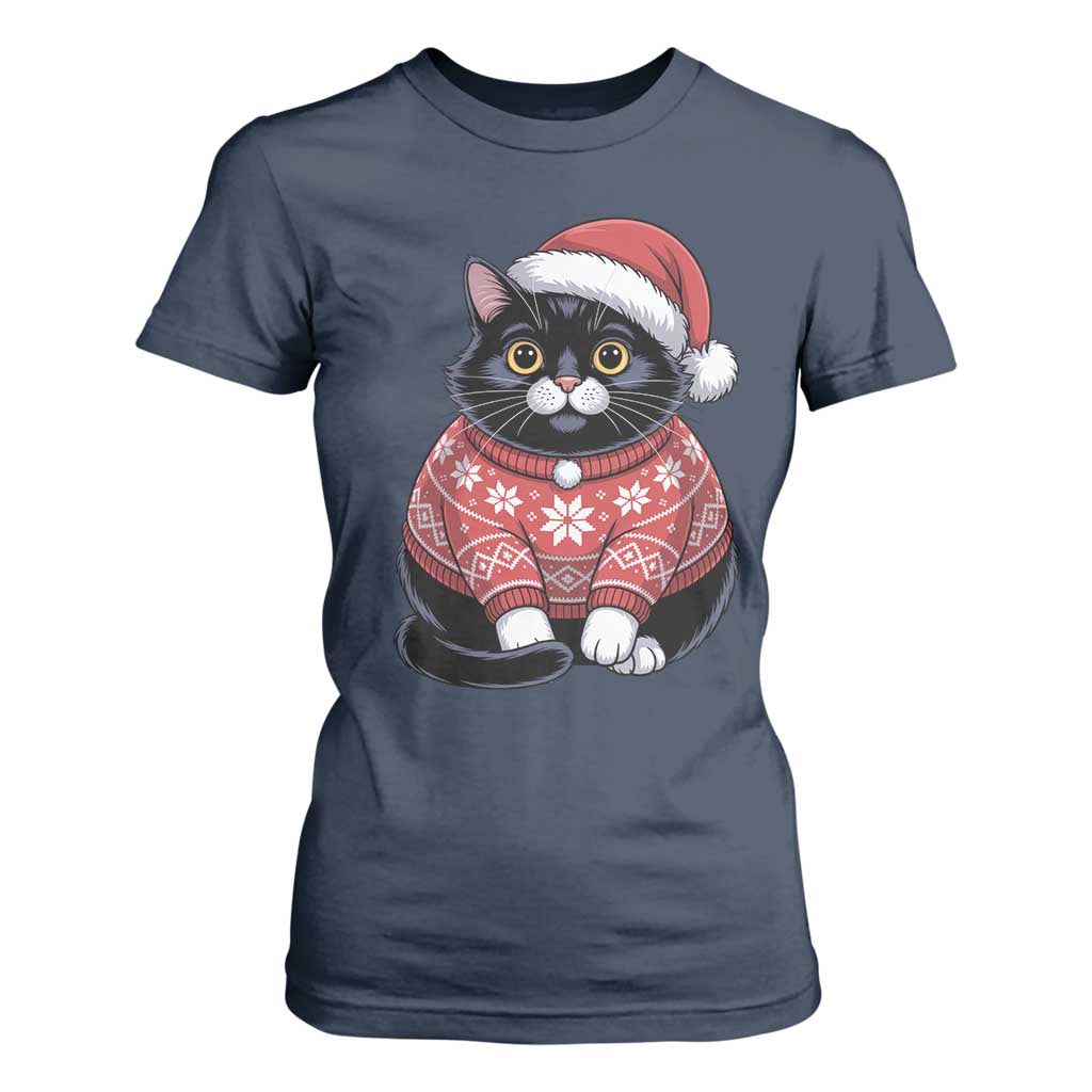 Christmas Black Cat T Shirt For Women Catmas Gift For New Year TS10 Navy Print Your Wear